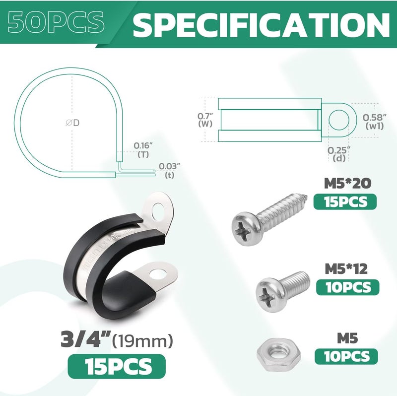 ORU 15PCS 3/4 Inch Cable Clamps with 35PCS Screws Assortment Kit 304 Stainless Steel Rubber Cushioned Insulated Cable Clamp, Automotive Wire Pipe Clamps(19mm) - Image 2